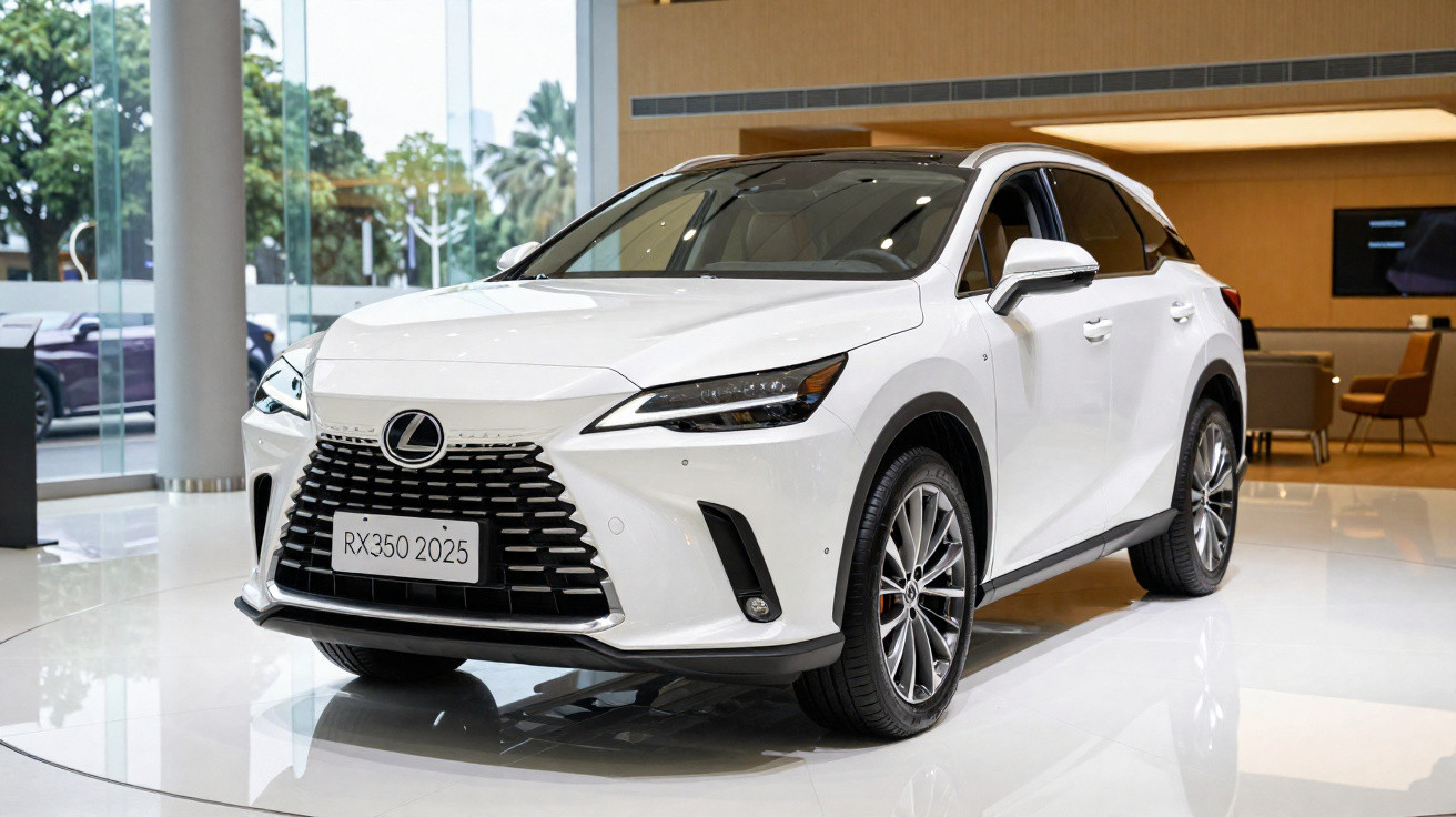 Carro Lexus RX 350 2025 branco exibido em showroom moderno com ambiente iluminado e vidros grandes.