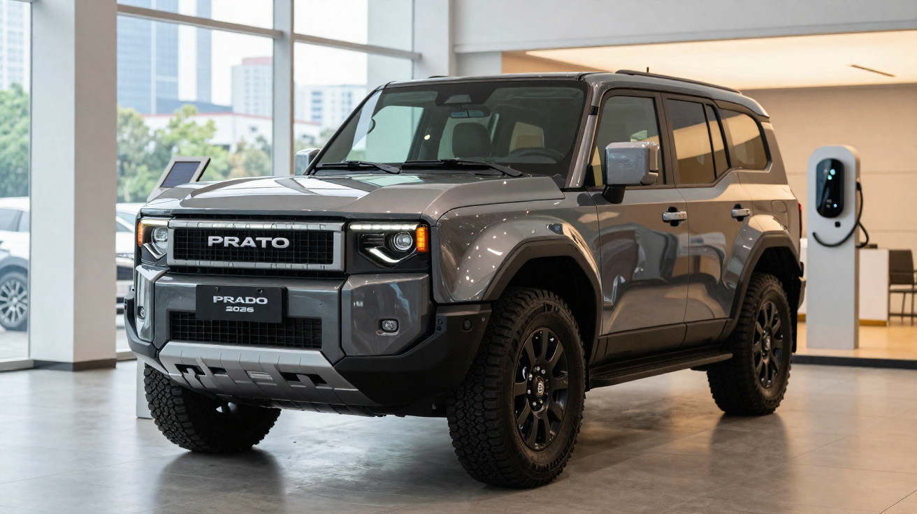 Carro SUV cinza Prato 2026 em exposição dentro de showroom moderno com grandes janelas.