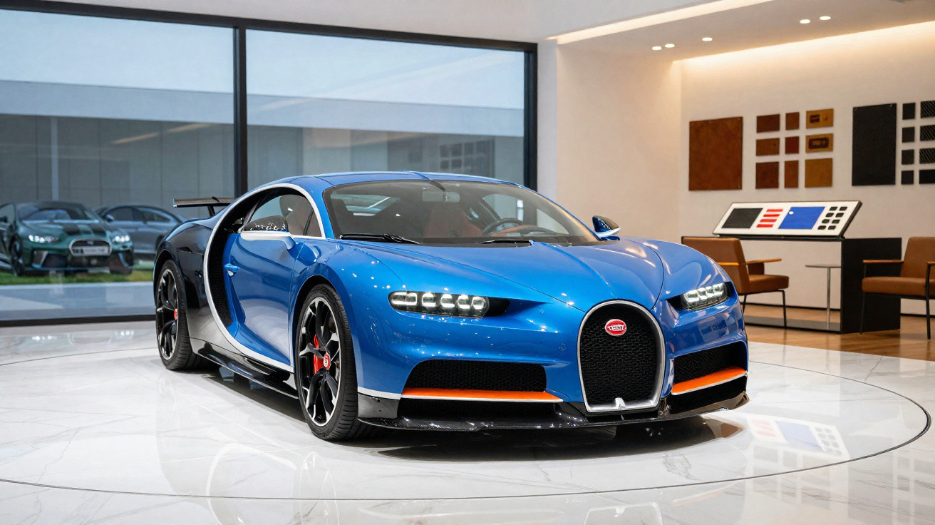 Carro esportivo Bugatti Chiron azul com detalhes em preto e laranja em showroom moderno e iluminado.