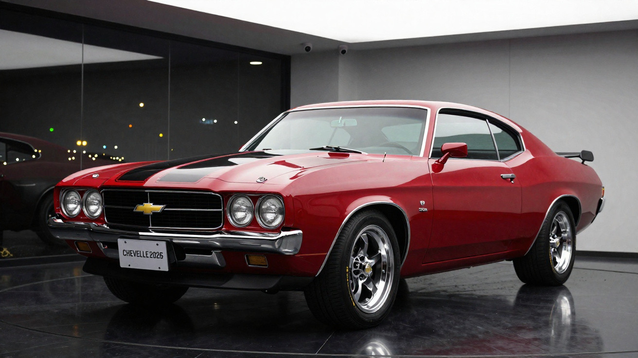 Carro muscle clássico Chevrolet Chevelle vermelho com faixa preta estacionado em garagem moderna.
