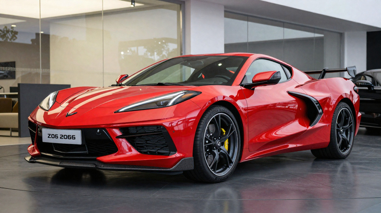 Carro esportivo vermelho Chevrolet Corvette Z06 2066 em showroom moderno.
