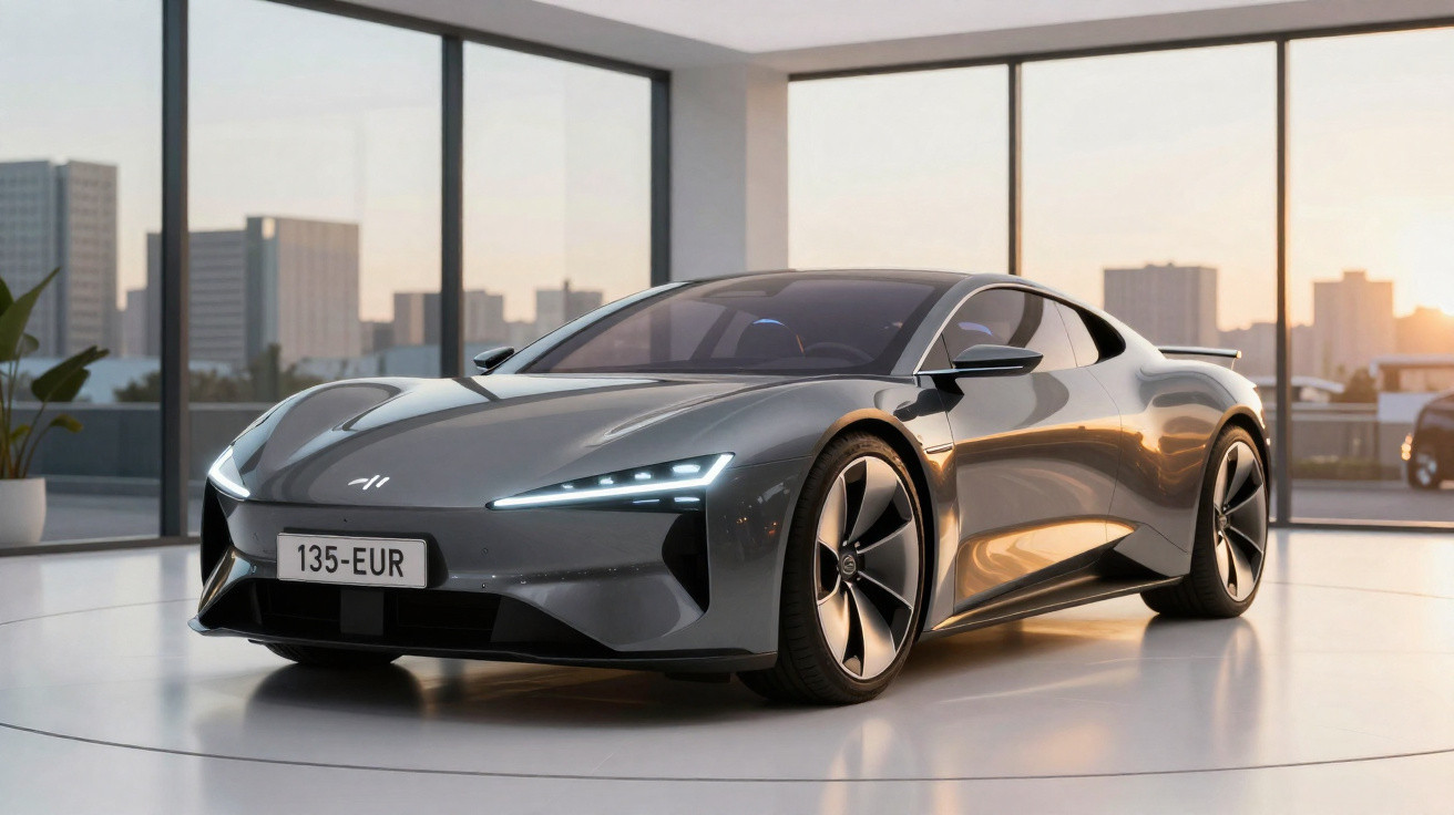 Carro esportivo elétrico cinza metálico em showroom com janelas grandes e luz do pôr do sol.