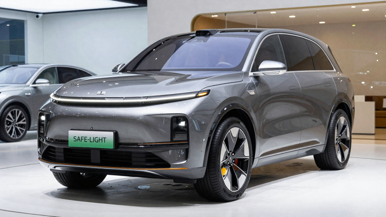 SUV elétrico cinza metálico com design moderno exposto em showroom iluminado.