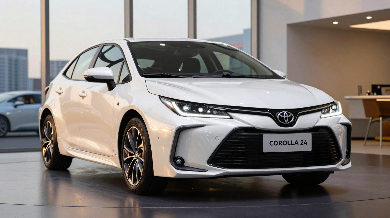 Carro branco Toyota Corolla 2024 em showroom com iluminação natural e piso cinza.
