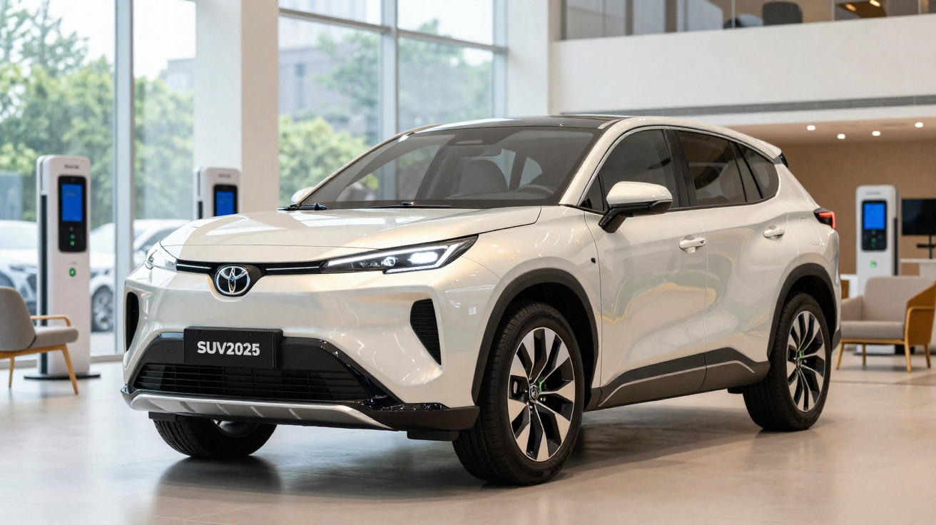 SUV branco da Toyota modelo 2025 em showroom moderno com estações de carregamento elétrico ao fundo.