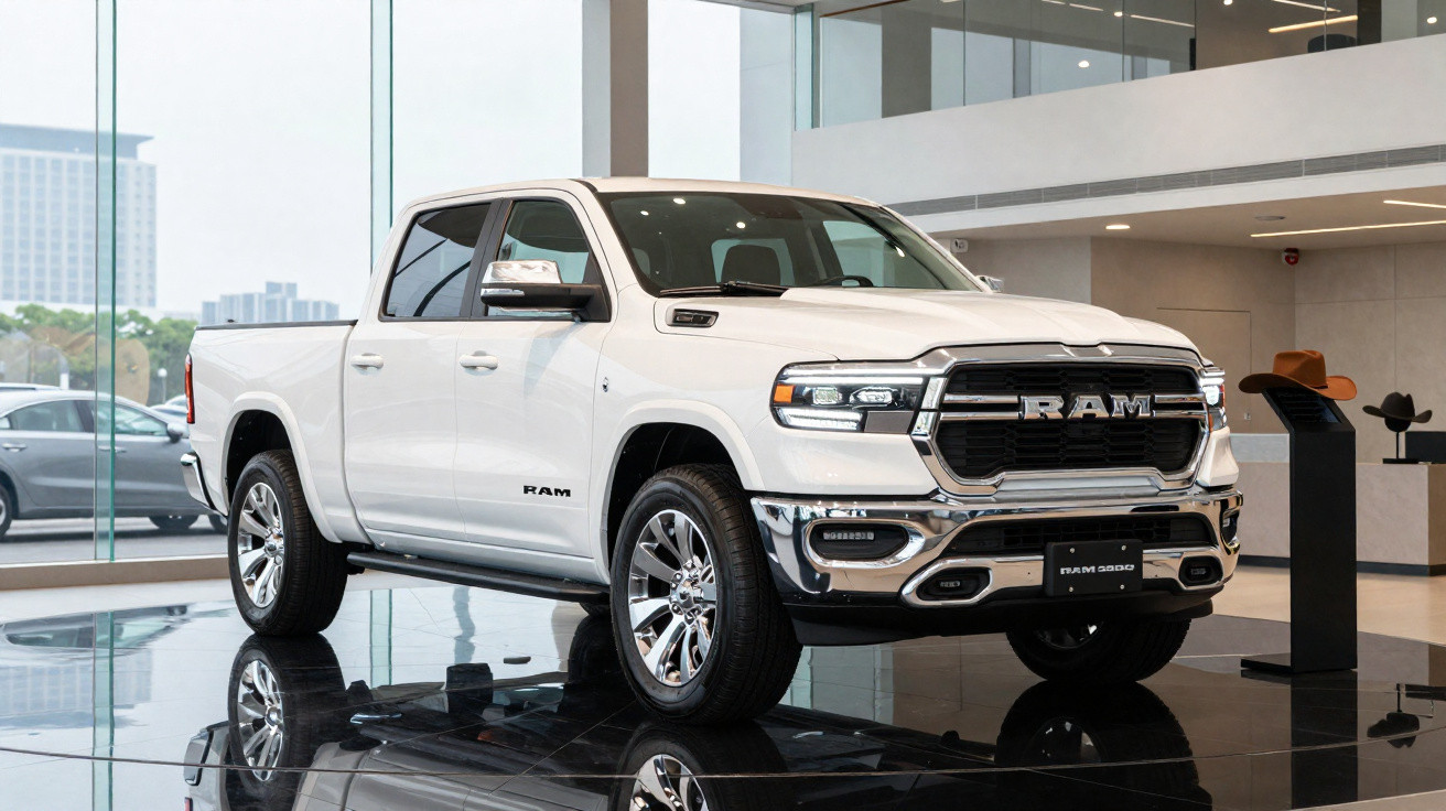 Picape branca RAM 2500 exibida em showroom moderno com detalhes cromados e vidros amplos ao fundo.