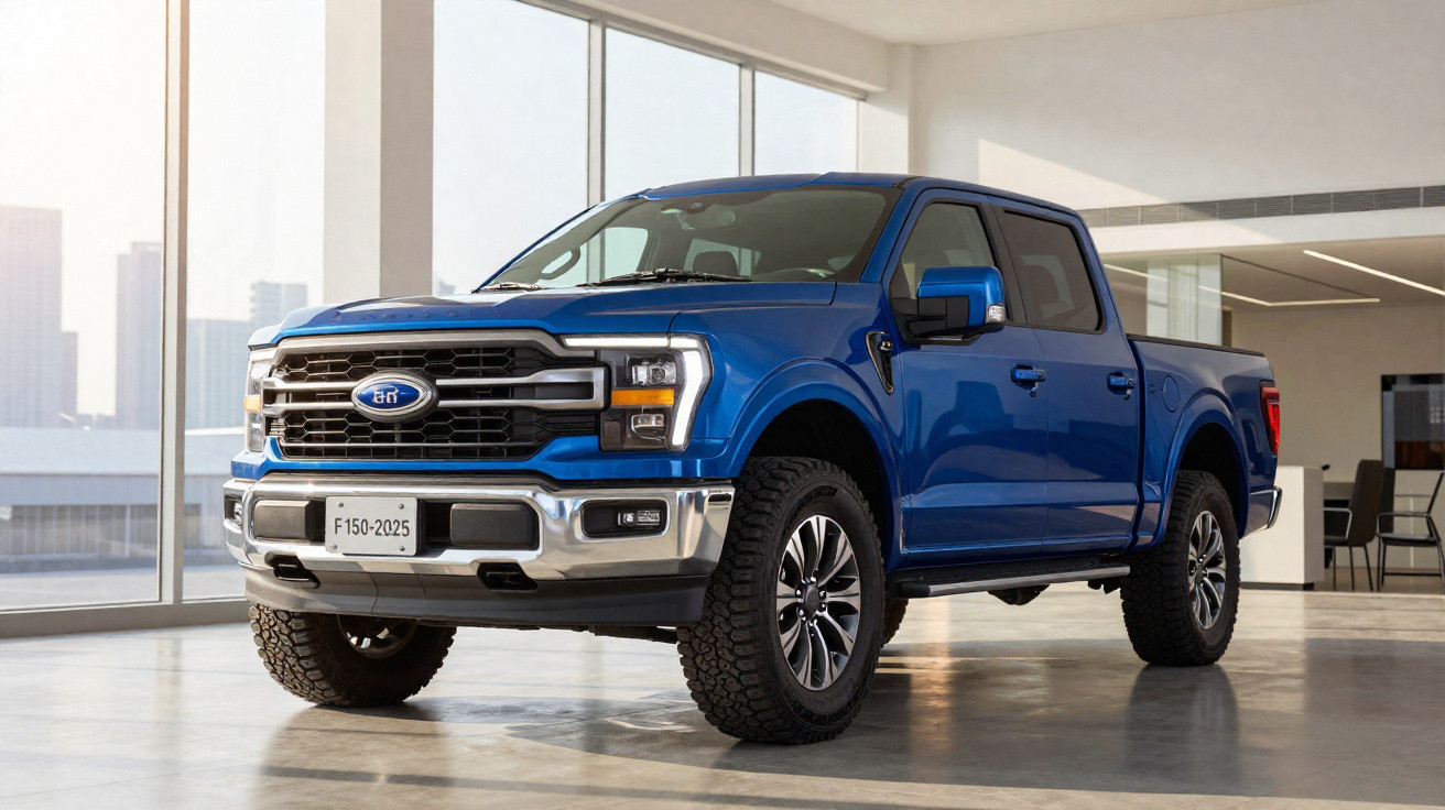 Picape azul Ford F-150 2025 parada em ambiente interno com janelas grandes e vista urbana.