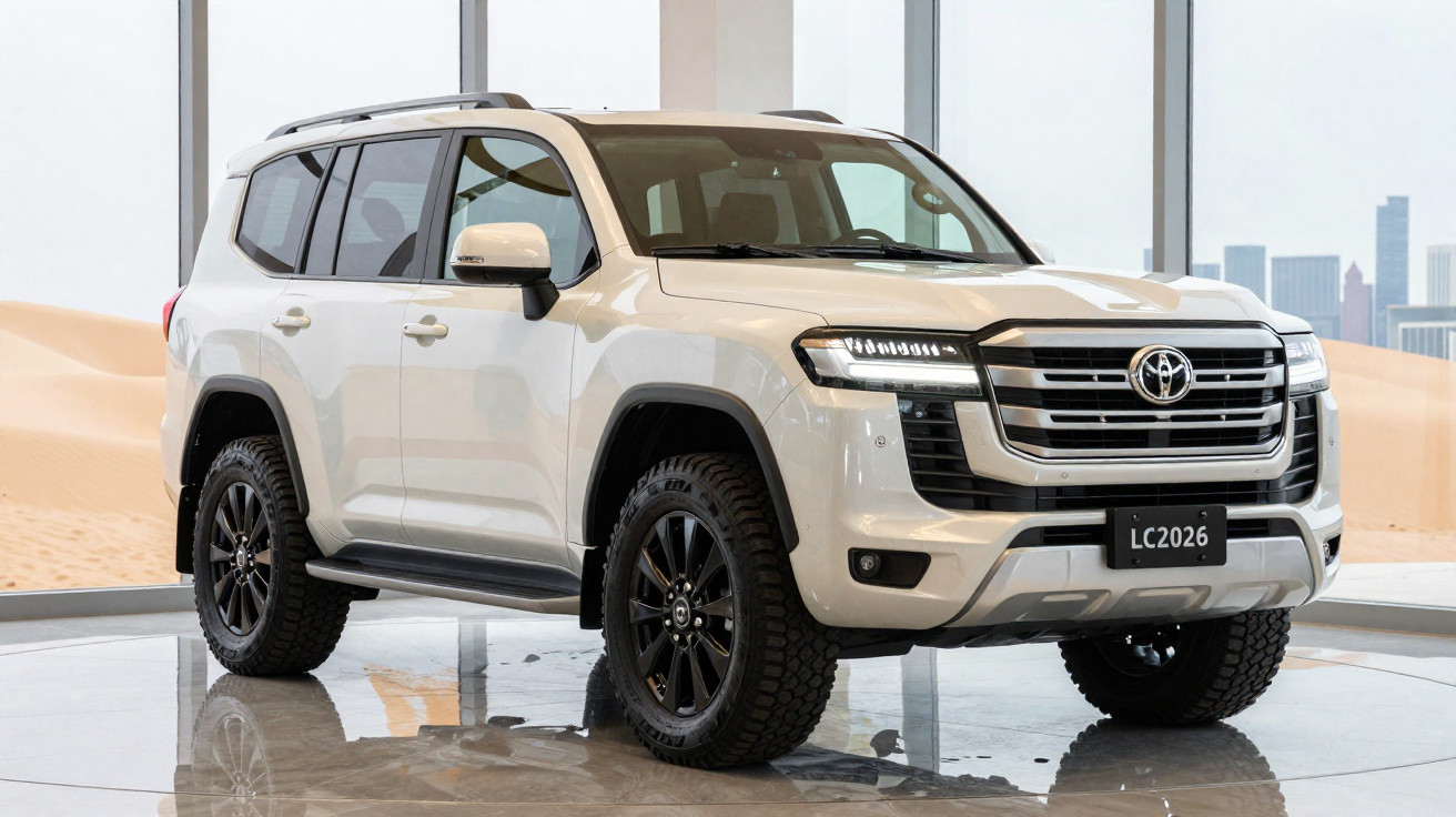 SUV branco Toyota Land Cruiser 2026 em exposição interna com pneus off-road e detalhes em preto.