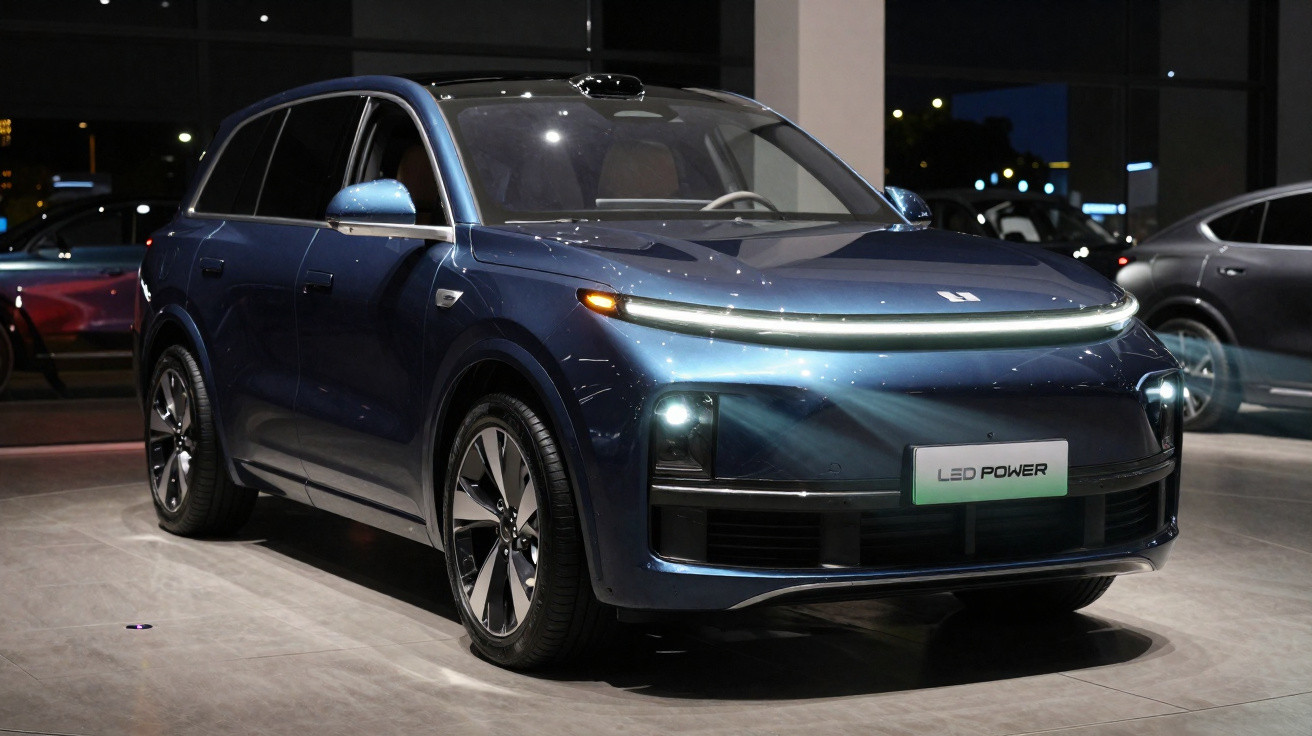 Carro SUV elétrico azul com luzes de LED acesas em showroom moderno à noite.