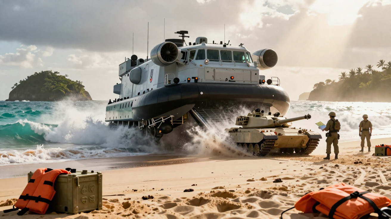Navio militar anfíbio desembarcando tanque e soldados em praia de areia com ilhas ao fundo.