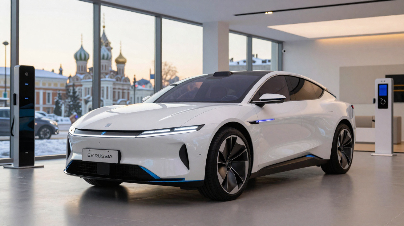 Carro elétrico branco moderno exibido em showroom com postes de carregamento e edifícios ao fundo.