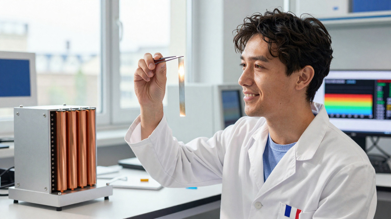 Cientista em laboratório segurando lâmina com pinça, analisando amostra iluminada, sorrindo.