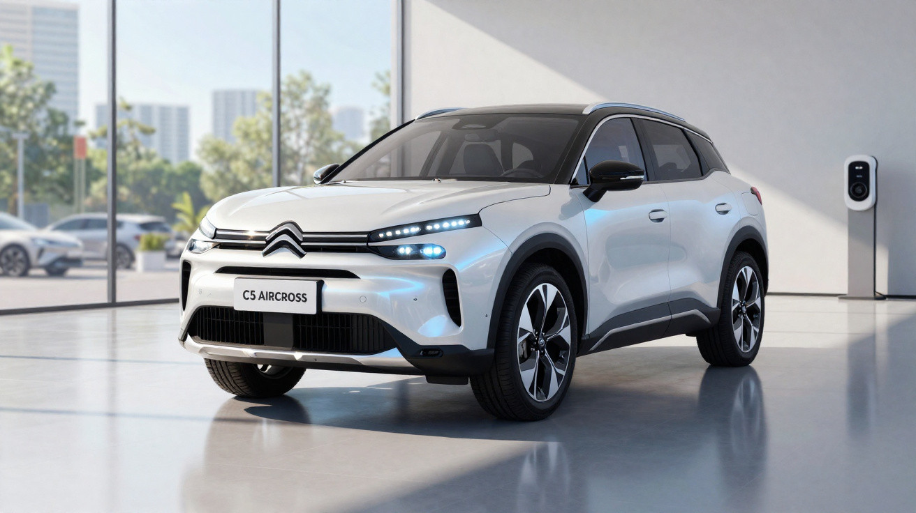 Carro elétrico Citroën C5 Aircross branco em showroom moderno com carregador na parede.