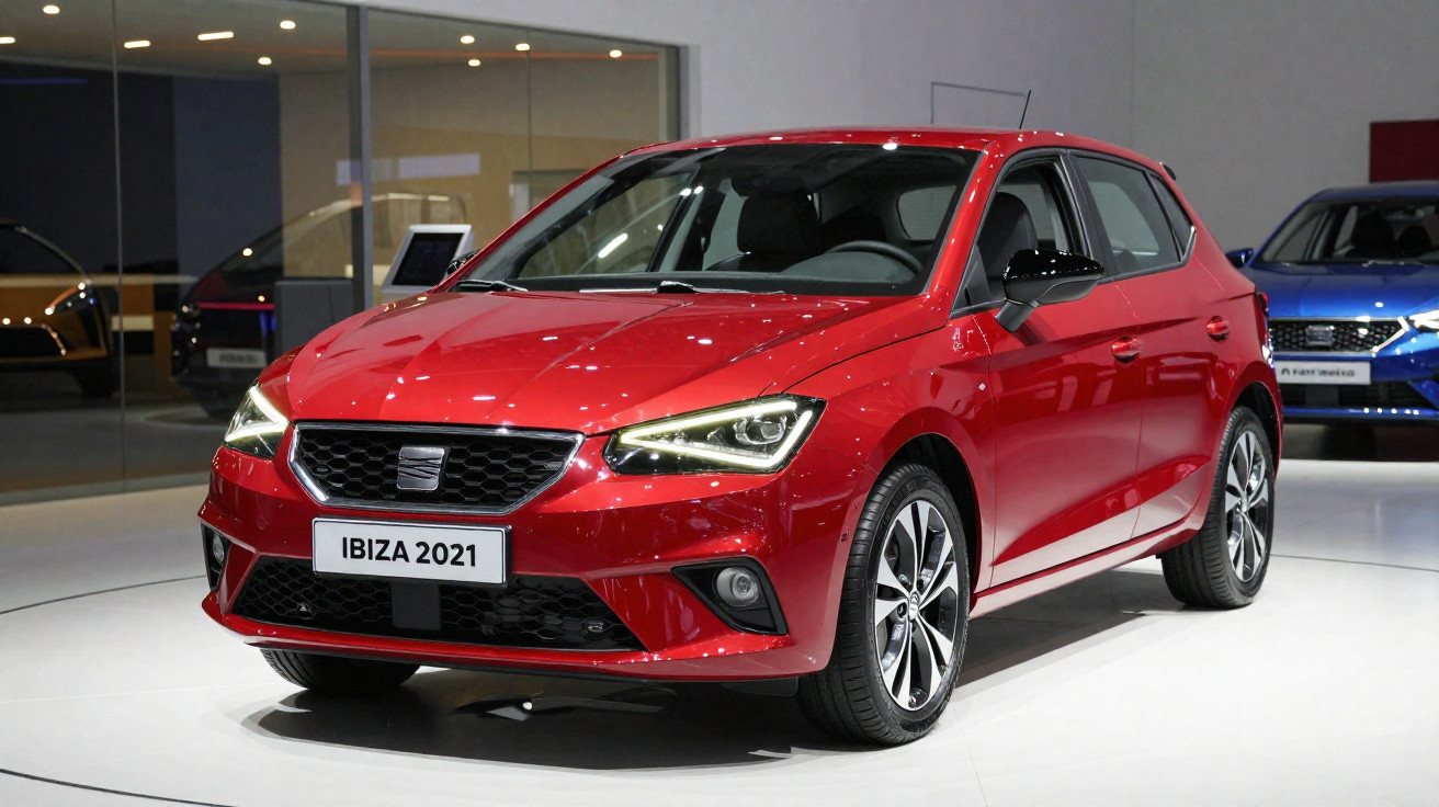Carro vermelho Seat Ibiza 2021 em exposição, com faróis acesos, em ambiente interno.
