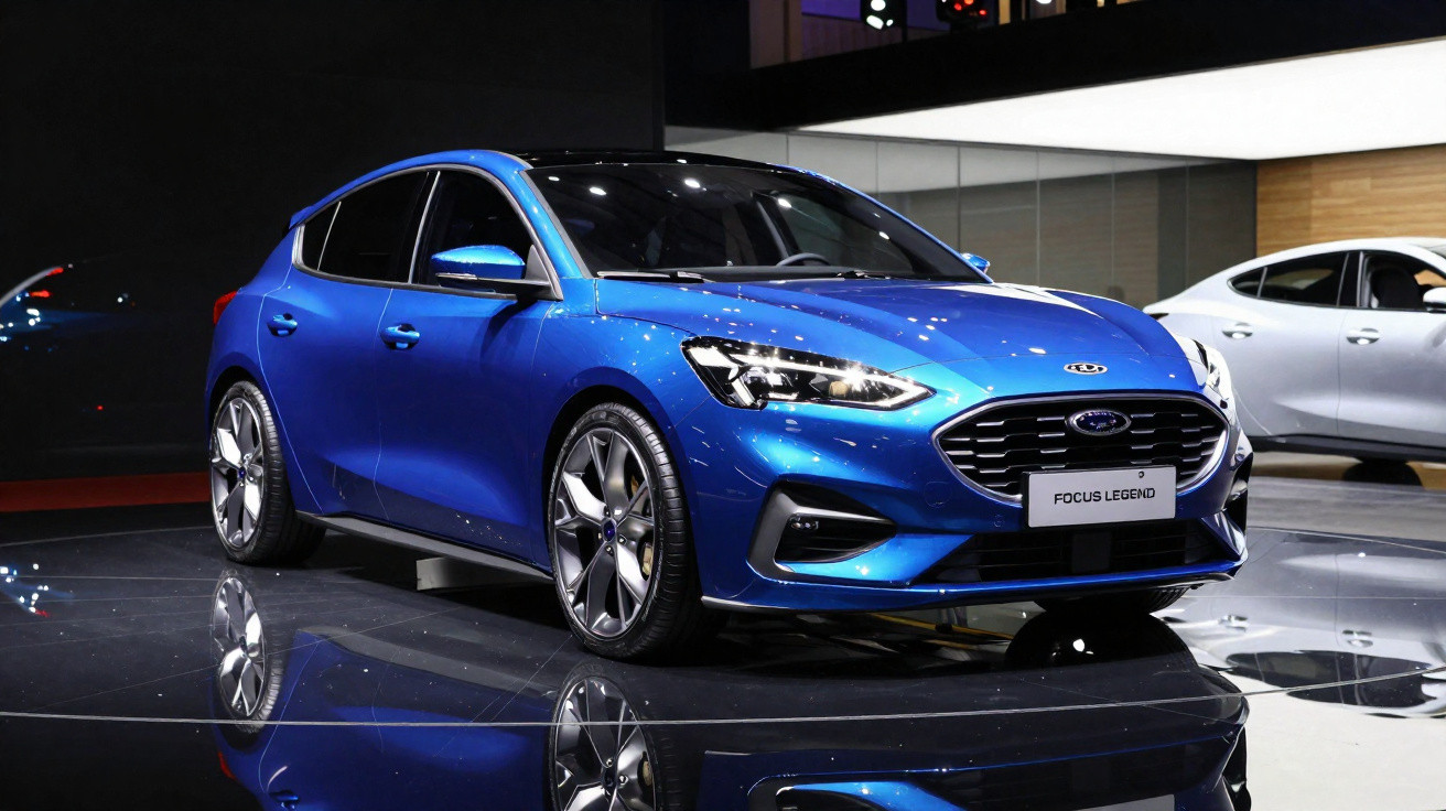 Carro hatchback azul Ford Focus Legend exposto em ambiente interno com piso refletivo.
