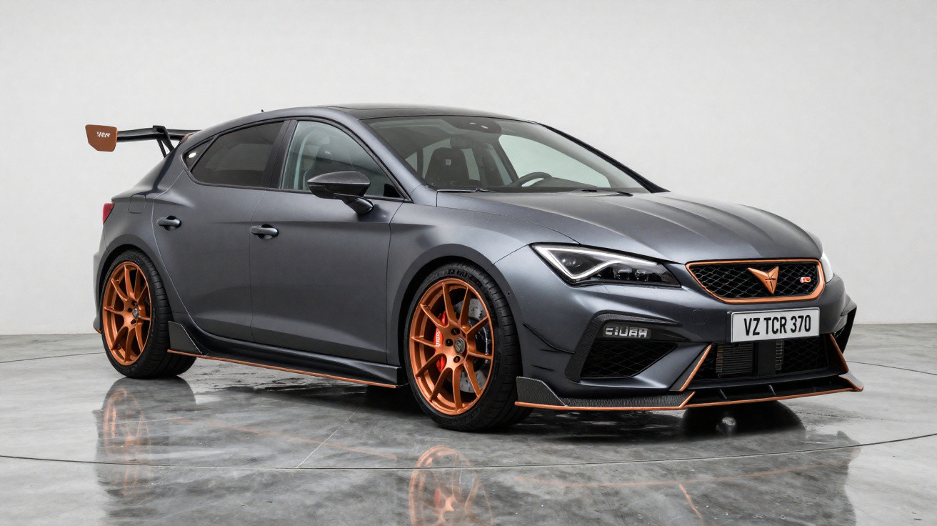 Carro esportivo cinza com detalhes e rodas laranja em ambiente interno com fundo branco.