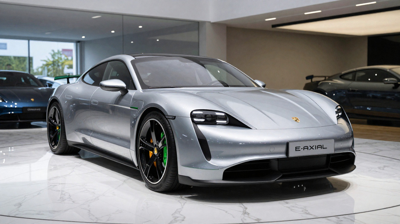 Carro esportivo elétrico prata Porsche E-Axial em exibição em ambiente interno moderno.