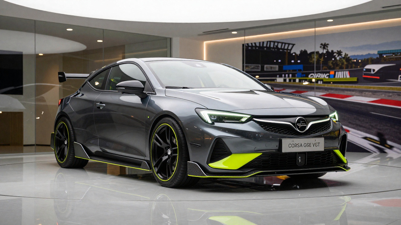 Carro esportivo cinza com detalhes amarelos em exposição, modelo Corsa GSE VGT, em ambiente moderno e iluminado.