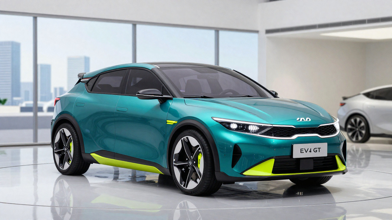 Carro elétrico Kia EV4 GT verde com detalhes amarelos em showroom moderno com vista para cidade.