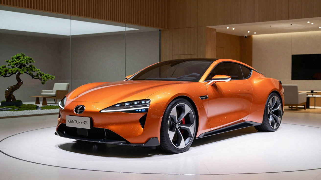 Carro esportivo laranja Lexus Century-01 em exposição moderna com rodas pretas e prateadas.