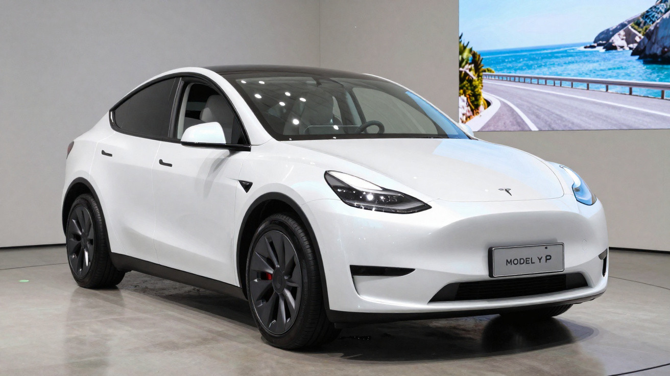 Carro elétrico Tesla Model Y branco estacionado em ambiente interno com tela ao fundo.