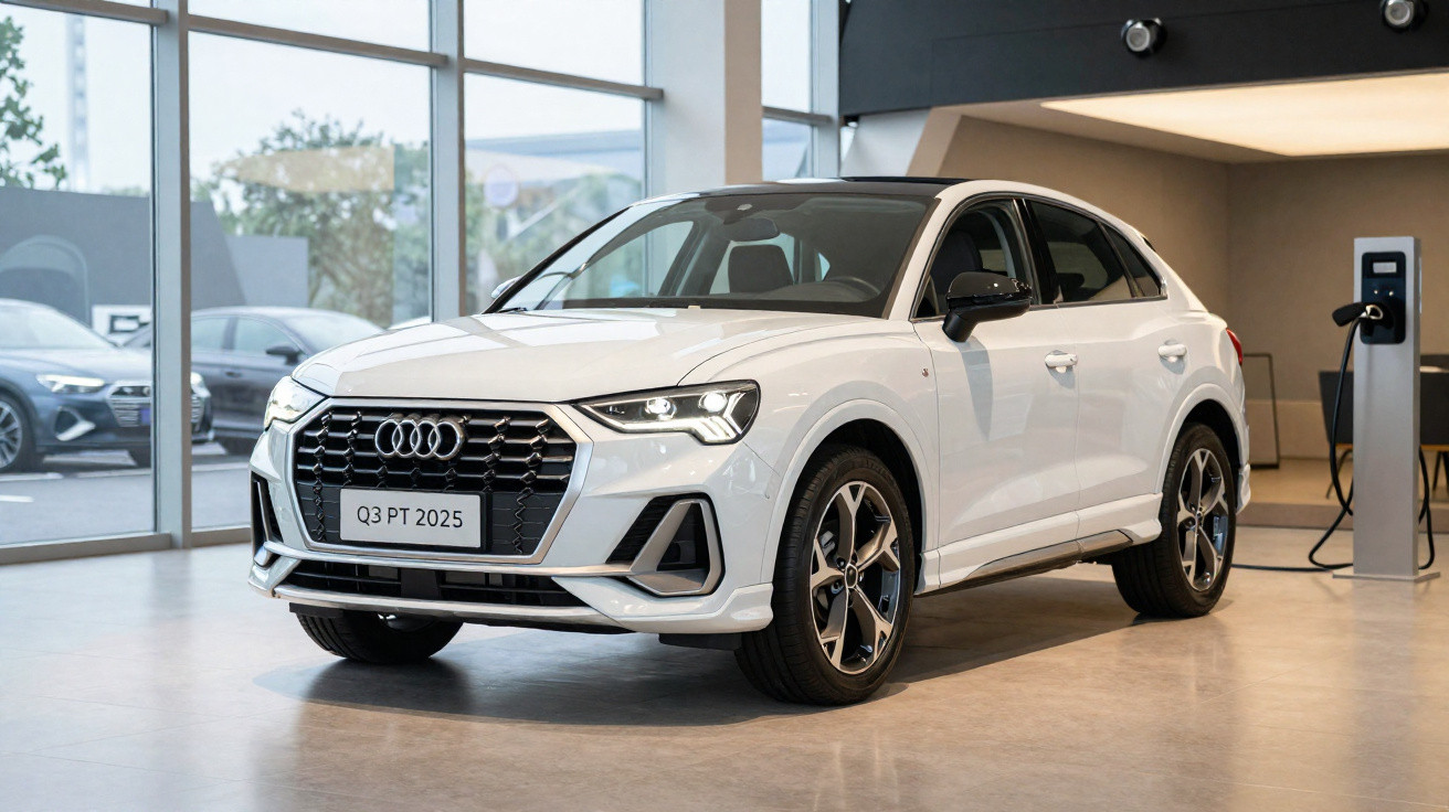 Carro SUV Audi Q3 PT 2025 branco em exposição dentro de showroom moderno com luz natural.