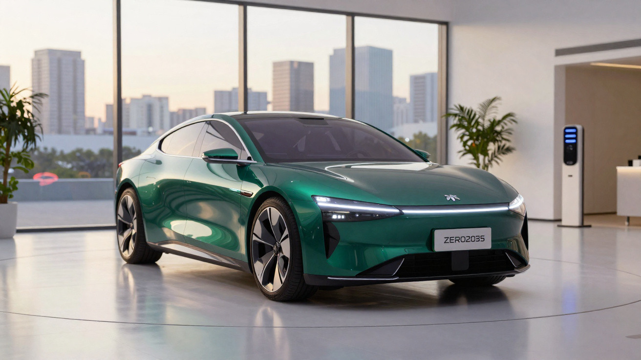 Carro elétrico verde apresentado em ambiente moderno com grandes janelas e plantas decorativas.