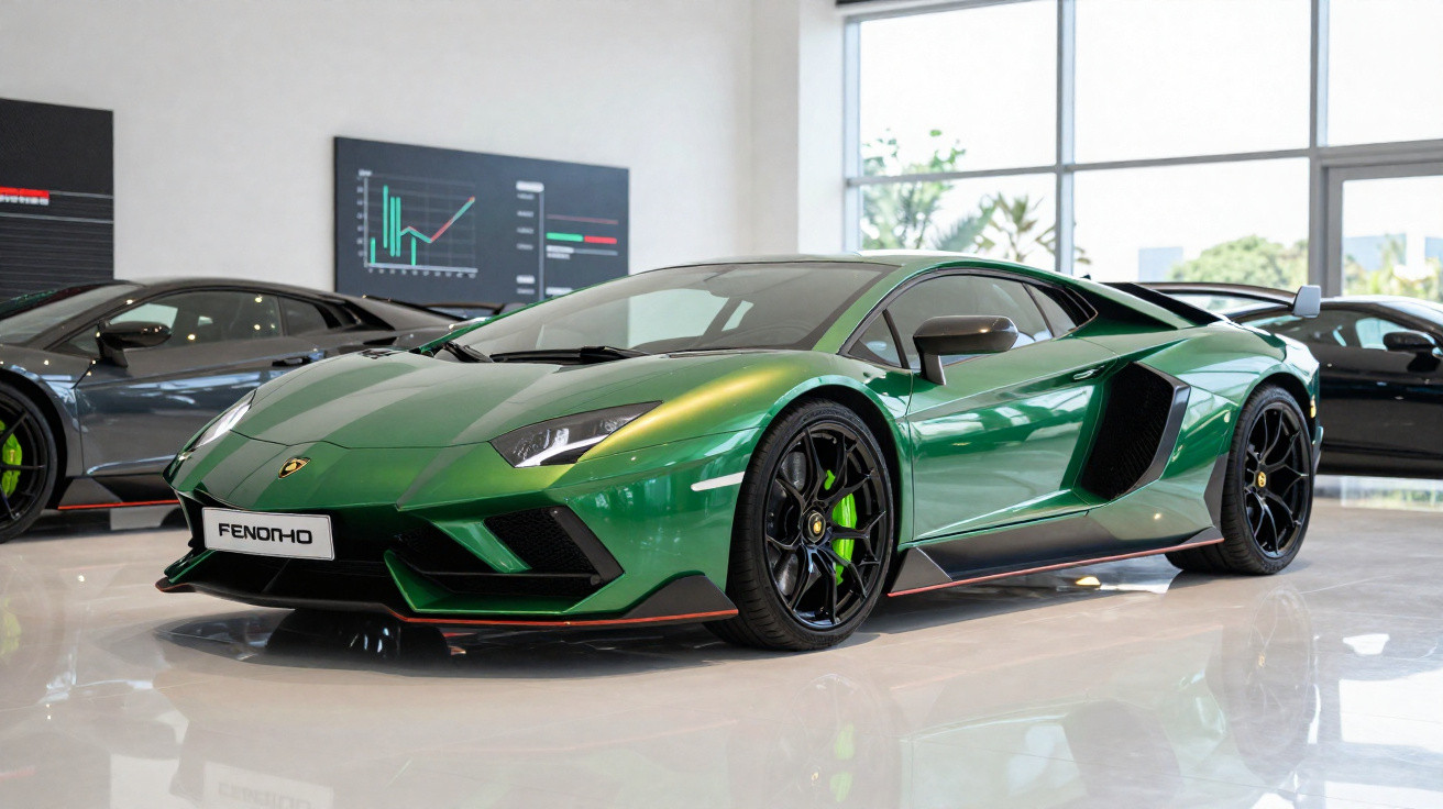 Carro esportivo verde metálico com rodas pretas em showroom moderno e iluminado.