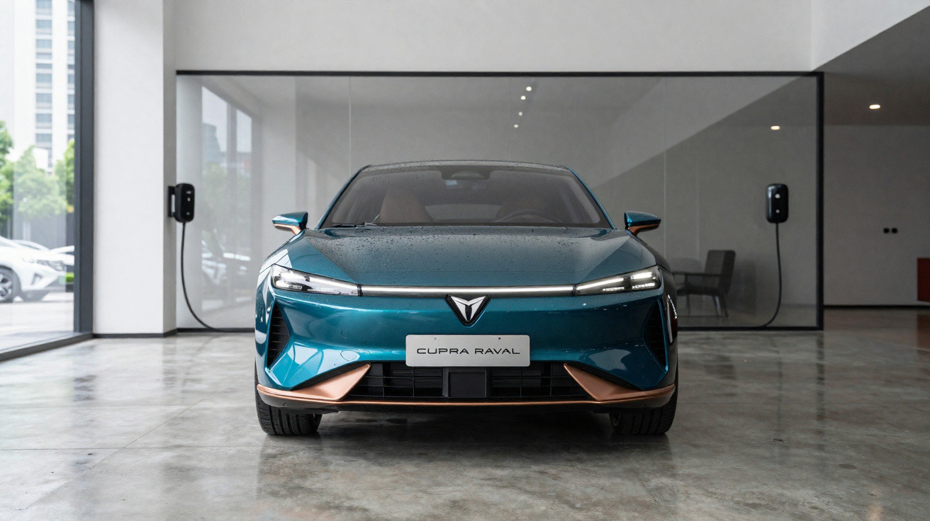 Carro elétrico Cupra Raval azul em exposição, com design moderno e recarga conectada na parede.