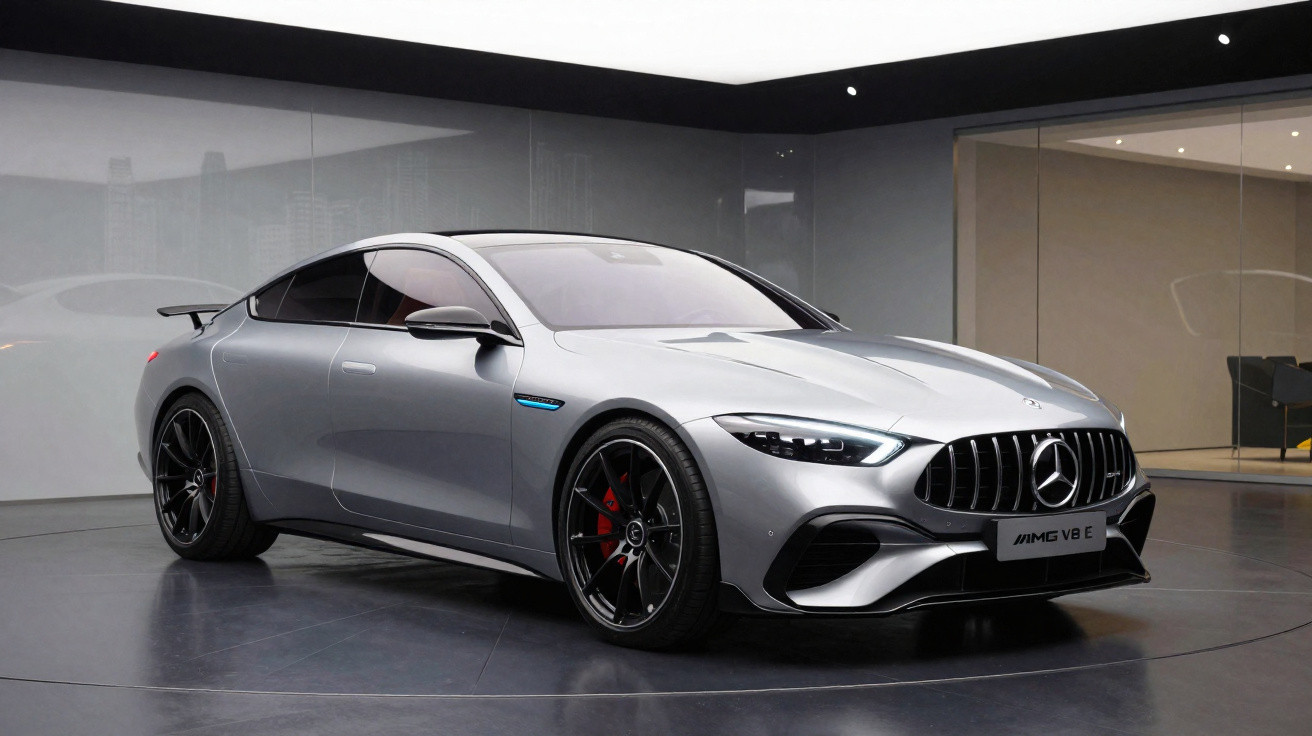 Mercedes-Benz AMG V8 E prata exibido em ambiente interno moderno com rodas pretas e detalhes vermelhos.
