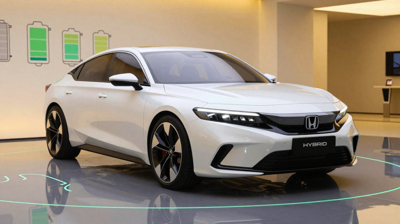 Carro híbrido branco da Honda em exposição, com indicadores de bateria carregada ao fundo.
