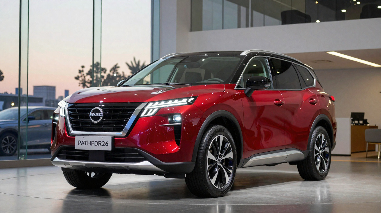 SUV Nissan vermelho com teto preto exibido em showroom moderno com paredes de vidro.