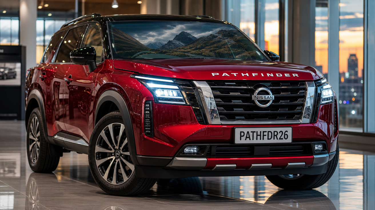 SUV Nissan Pathfinder vermelho estacionado em showroom moderno com luzes acesas ao entardecer.