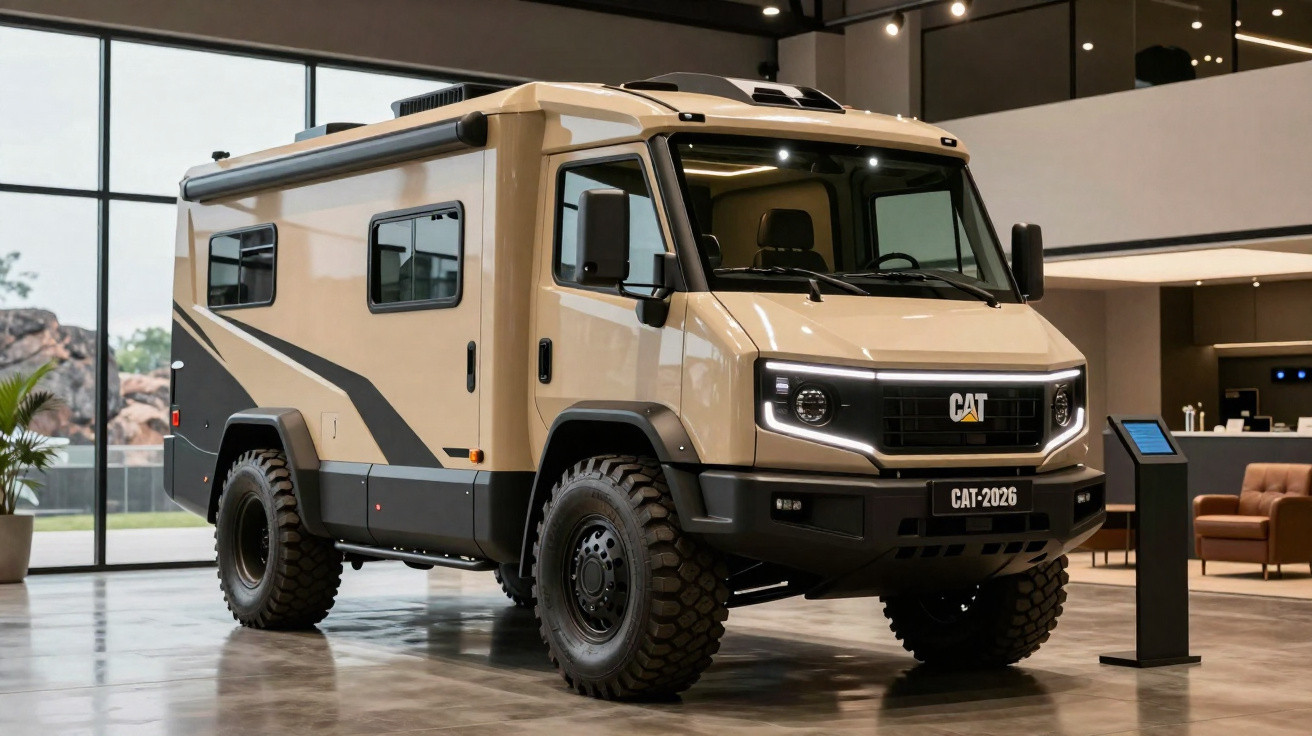 Veículo off-road estilo motorhome CAT bege exibido em ambiente interno moderno.