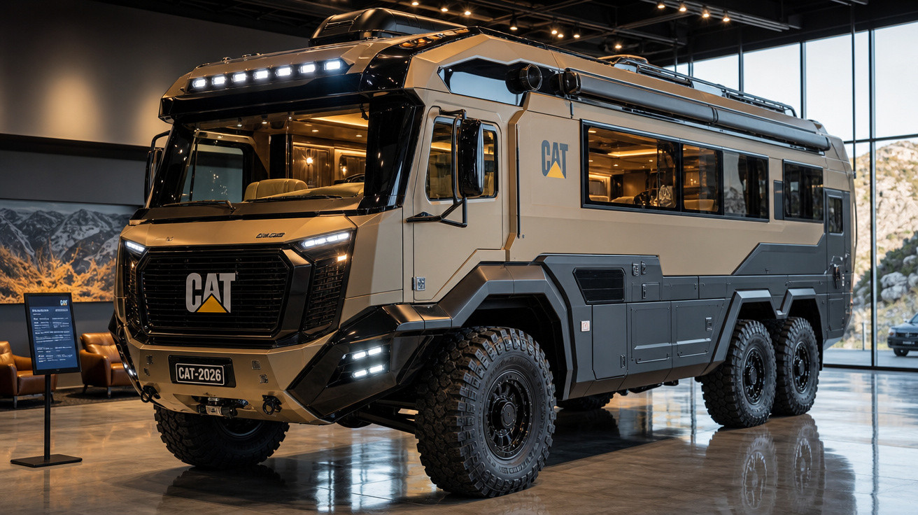 Motorhome off-road CAT 6x6 em exposição com design robusto e luzes de LED acesas em ambiente interno.