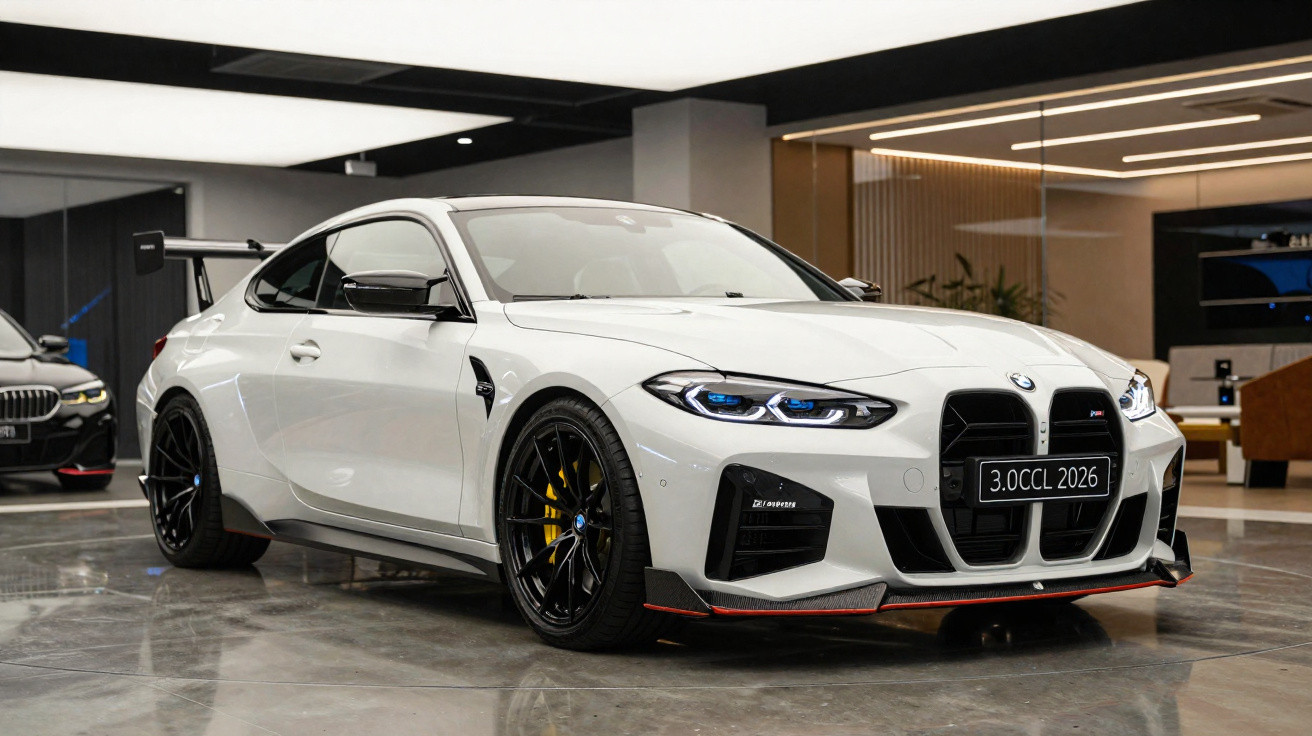 Carro esportivo BMW branco com faróis azuis em showroom moderno com piso de porcelanato cinza.