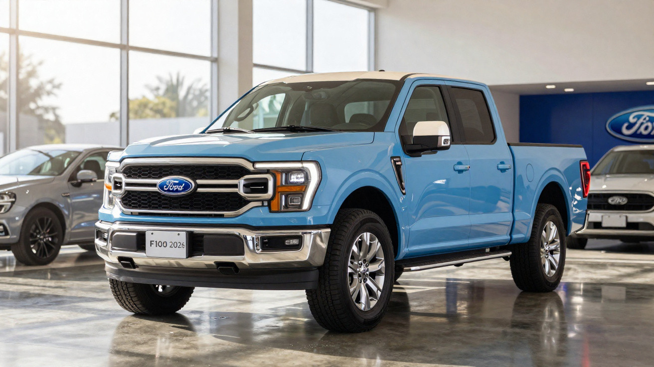 Picape Ford F-100 2026 azul em showroom iluminado com carros ao fundo.