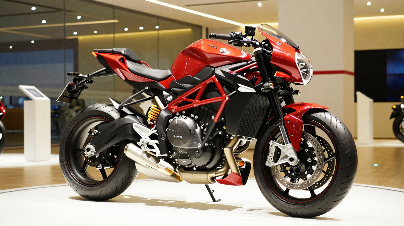 Motocicleta esportiva vermelha em exposição interna com pneus largos e detalhes metálicos pretos e amarelos.