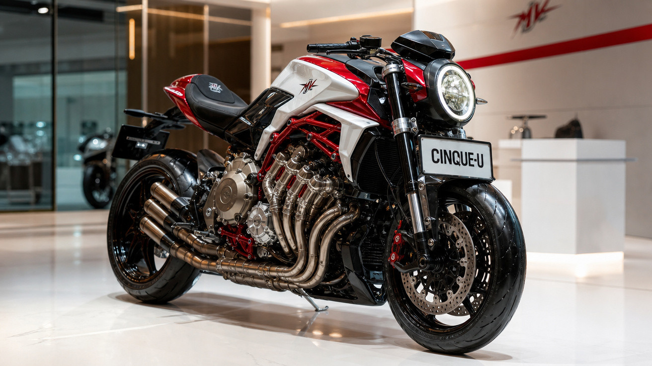 Motocicleta MV Agusta modelo Cinque-U exposta em ambiente interno moderno e iluminado.