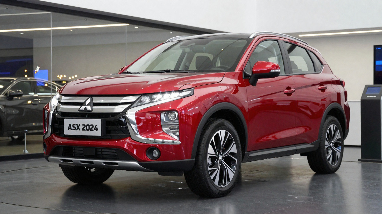 SUV Mitsubishi ASX 2024 vermelho em exposição interna com rodas esportivas e detalhes cromados.