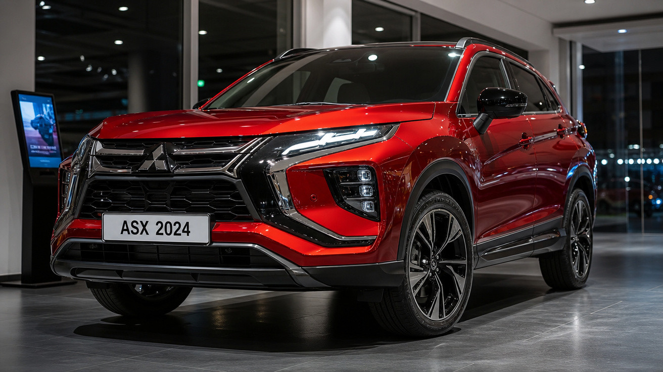 SUV Mitsubishi ASX 2024 vermelho exibido em showroom moderno e iluminado à noite.