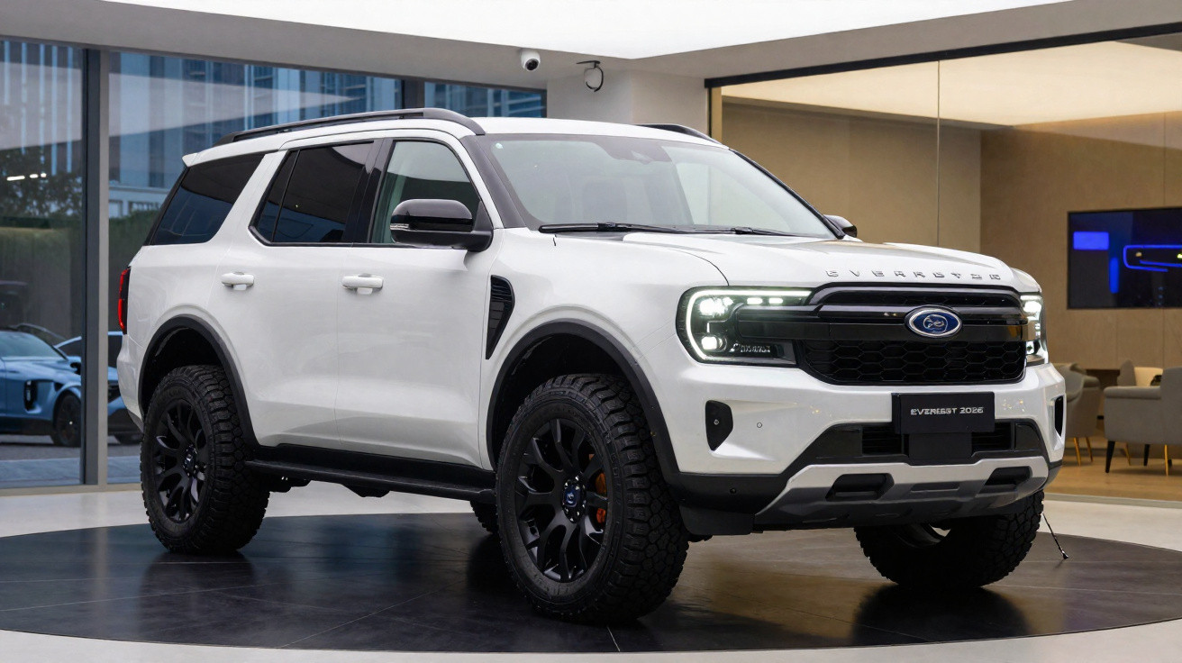 SUV Ford Everest 2023 branco exibido em ambiente interno com rodas pretas e faróis acesos.