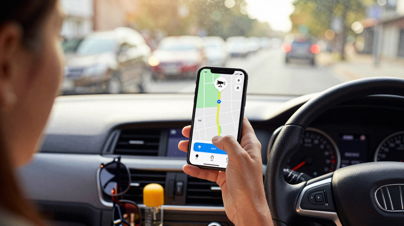 Pessoa segurando celular com aplicativo de GPS dentro de um carro parado em rua urbana.