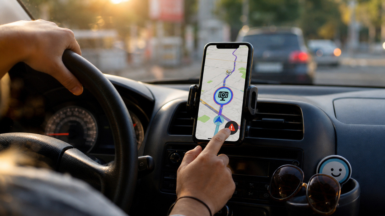 Pessoa dirigindo com smartphone no suporte do carro mostrando aplicativo de navegação no mapa.