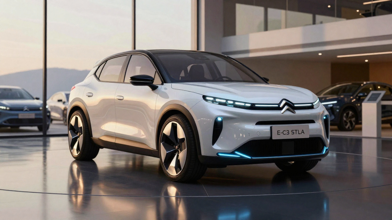 Carro elétrico Citroën E-C3 STLA branco exibido em showroom moderno com iluminação suave.