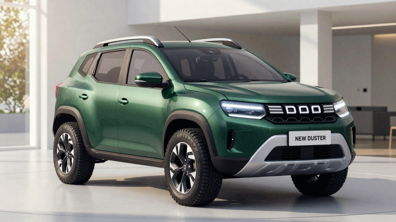 SUV verde Duster estacionado em ambiente moderno, com design robusto e faróis acesos.