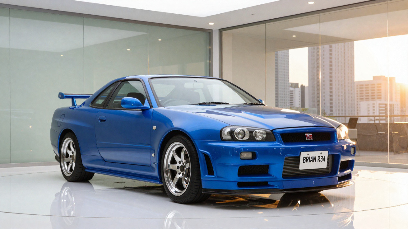 Carro esportivo azul Nissan Skyline R34 estacionado em ambiente moderno com grandes janelas e luz natural.