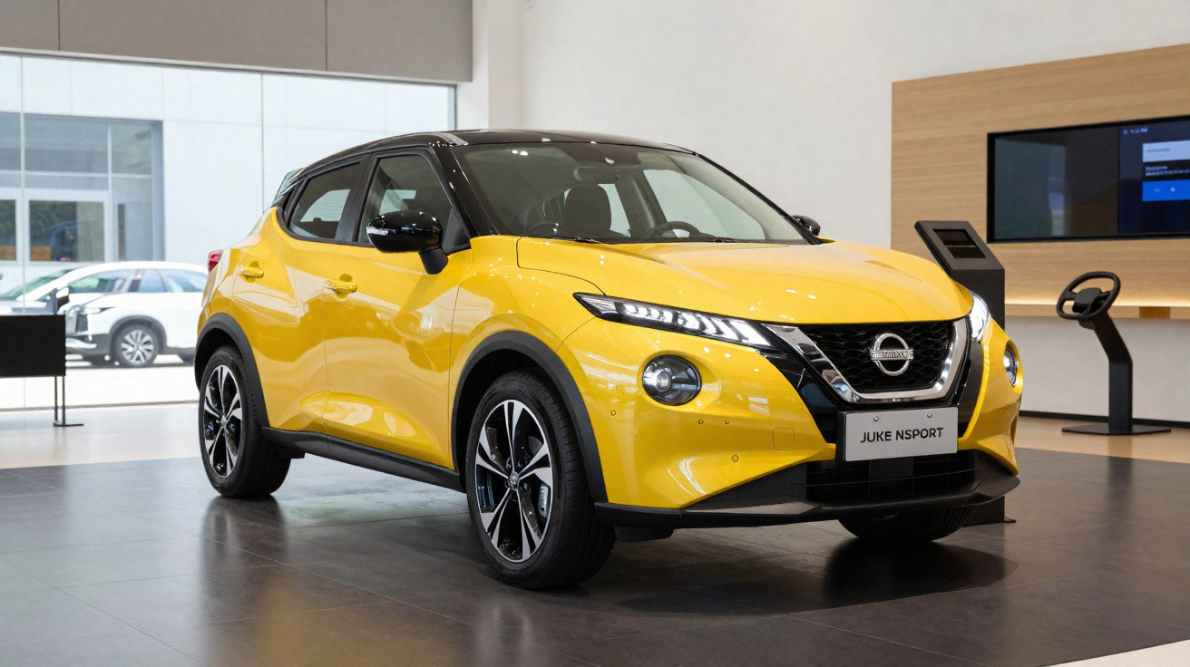 Carro SUV amarelo Nissan Juke NSport em exposição em showroom moderno com piso cinza.