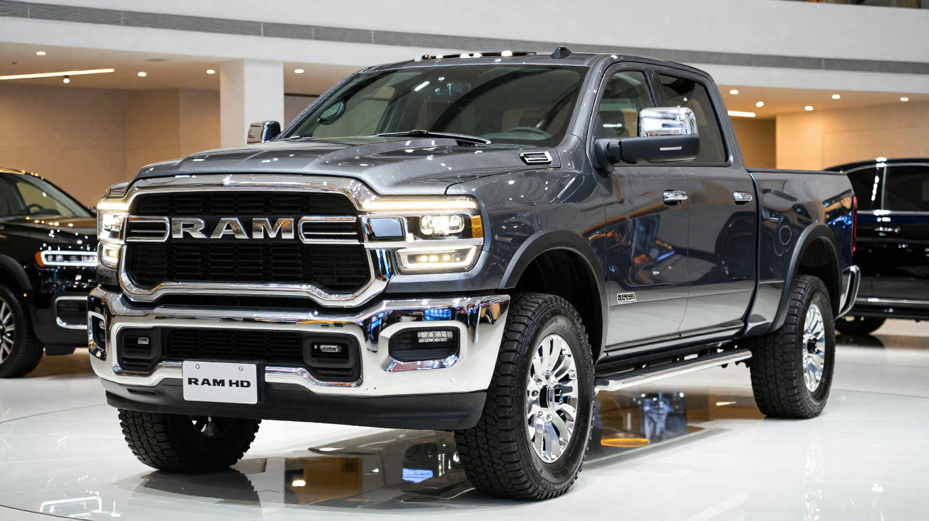 Picape RAM HD cinza exibida em salão automotivo com destaque na grade frontal cromada.