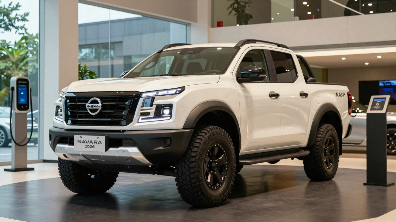 Picape Nissan Navara 2026 branca exibida em showroom moderno.